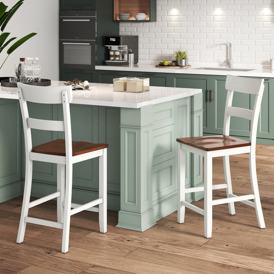 Farmhouse Dining Bar Stool Set of 2 with Solid Rubber Wood Frame-White - Tampa Home & Garden Store
