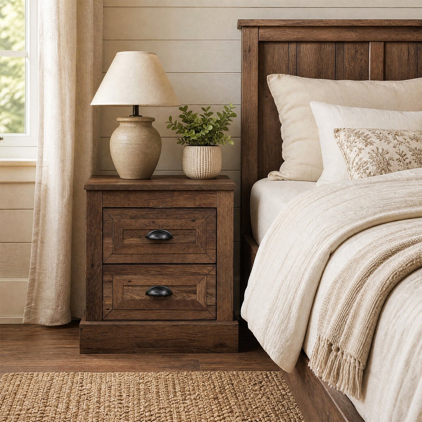 2-Drawer Nightstand with Storage in farmhouse brown wood finish by DirectDeals with cup pulls on Tampa Home & Garden Store