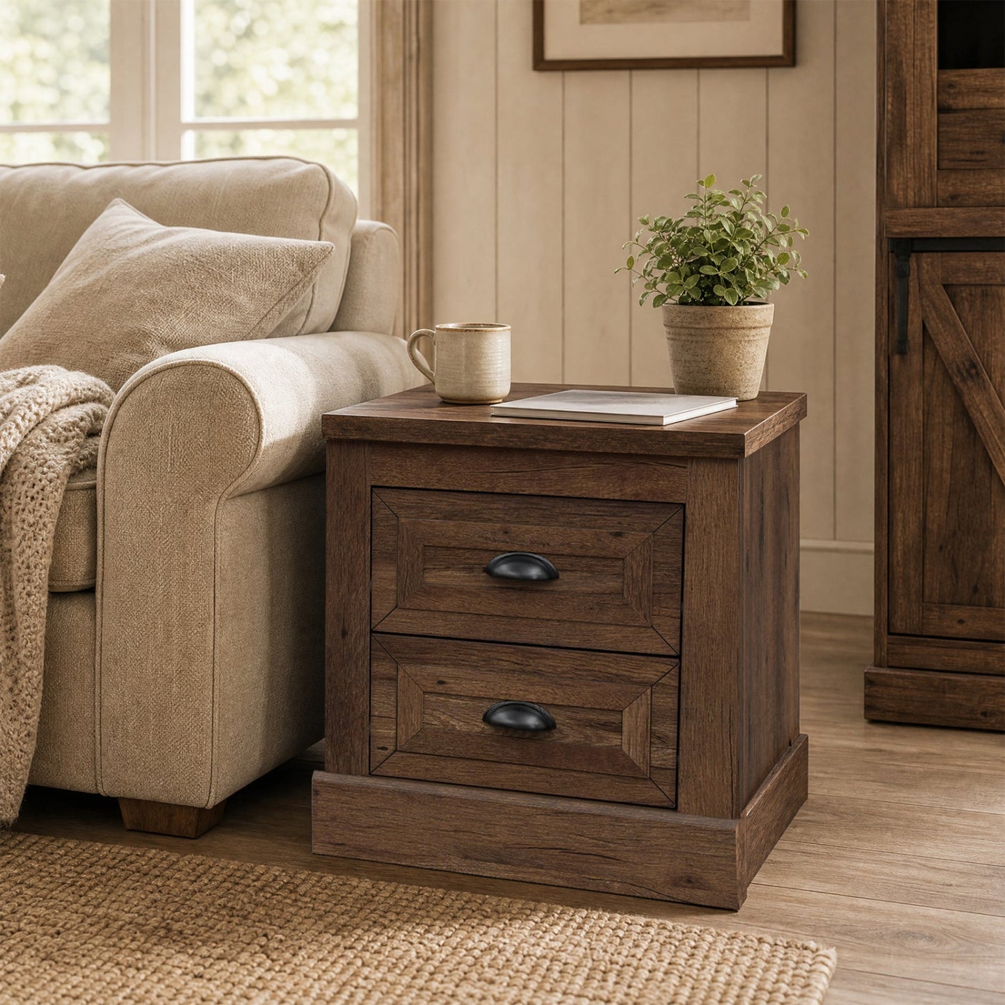 2-Drawer Nightstand with Storage in farmhouse brown wood by DirectDeals with black cup pulls on Tampa Home & Garden Store