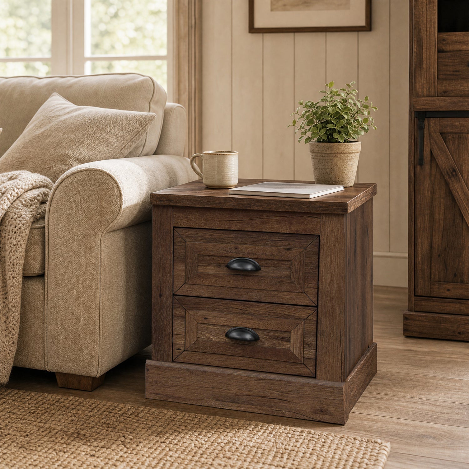 2-Drawer Nightstand with Storage in farmhouse brown wood by DirectDeals with black cup pulls on Tampa Home & Garden Store