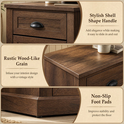 2-Drawer Nightstand with Storage, farmhouse brown finish, rustic wood grain, shell-shaped handle on Tampa Home & Garden Store