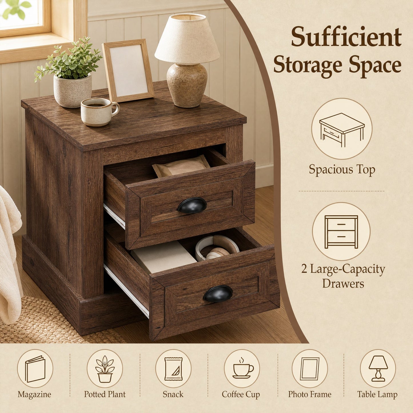 Nightstand with 2 large drawers and an open shelf in farmhouse brown wood finish on Tampa Home & Garden Store