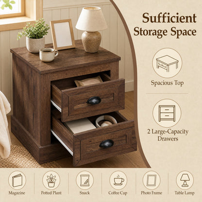 Nightstand with 2 large drawers and an open shelf in farmhouse brown wood finish on Tampa Home & Garden Store