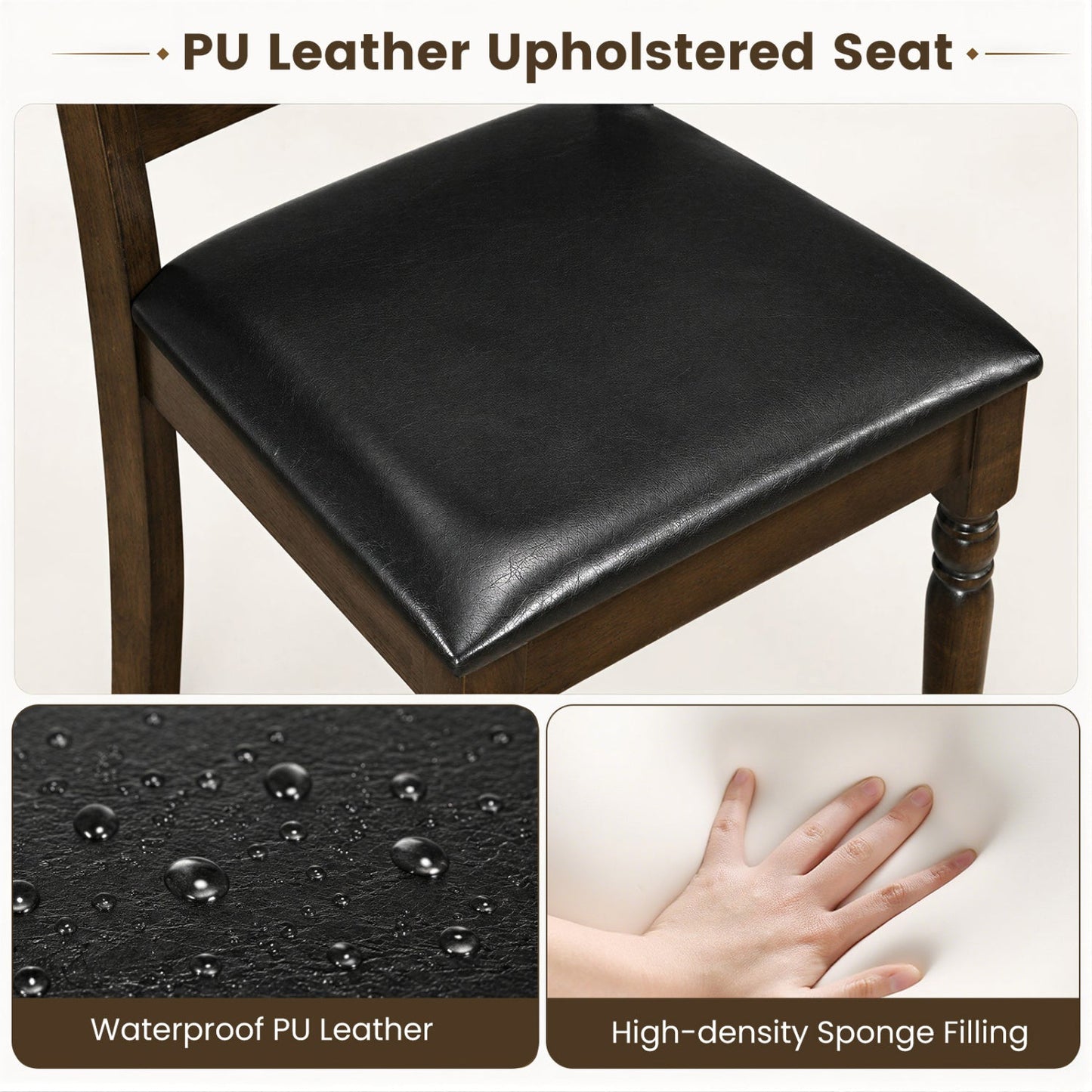 Dining chairs set of 2 with black PU leather seats on dark wood farmhouse ladder-back frames on Tampa Home & Garden Store