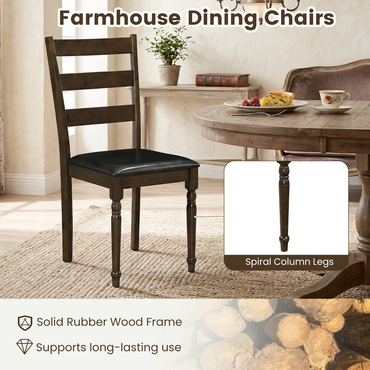 Upholstered Dining Chairs Set of 2, ladder back, dark wood with black seats DirectDeals on Tampa Home & Garden Store