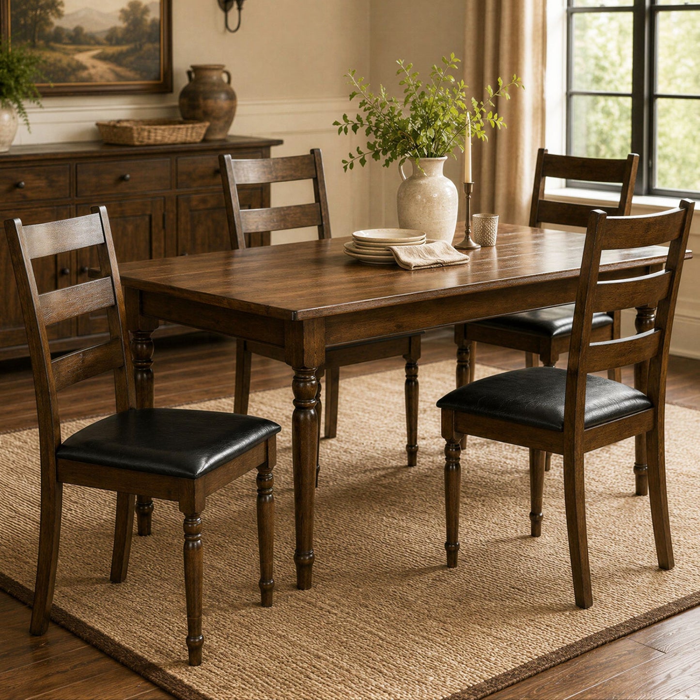 Dining chairs set of 4 with dark wood frames and black PU leather seats on Tampa Home & Garden Store