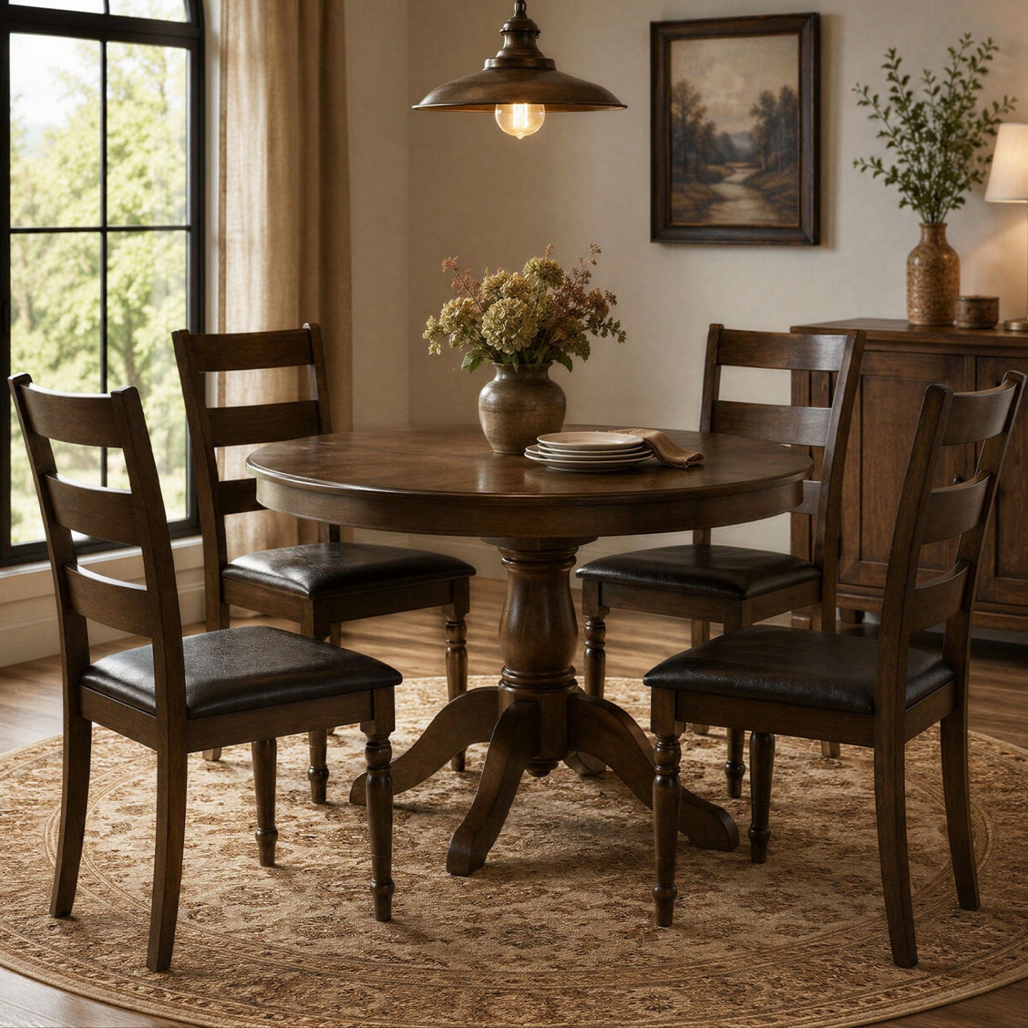 Dining chairs set of 4 in dark wood with black PU leather seats around a round farmhouse table on Tampa Home & Garden Store
