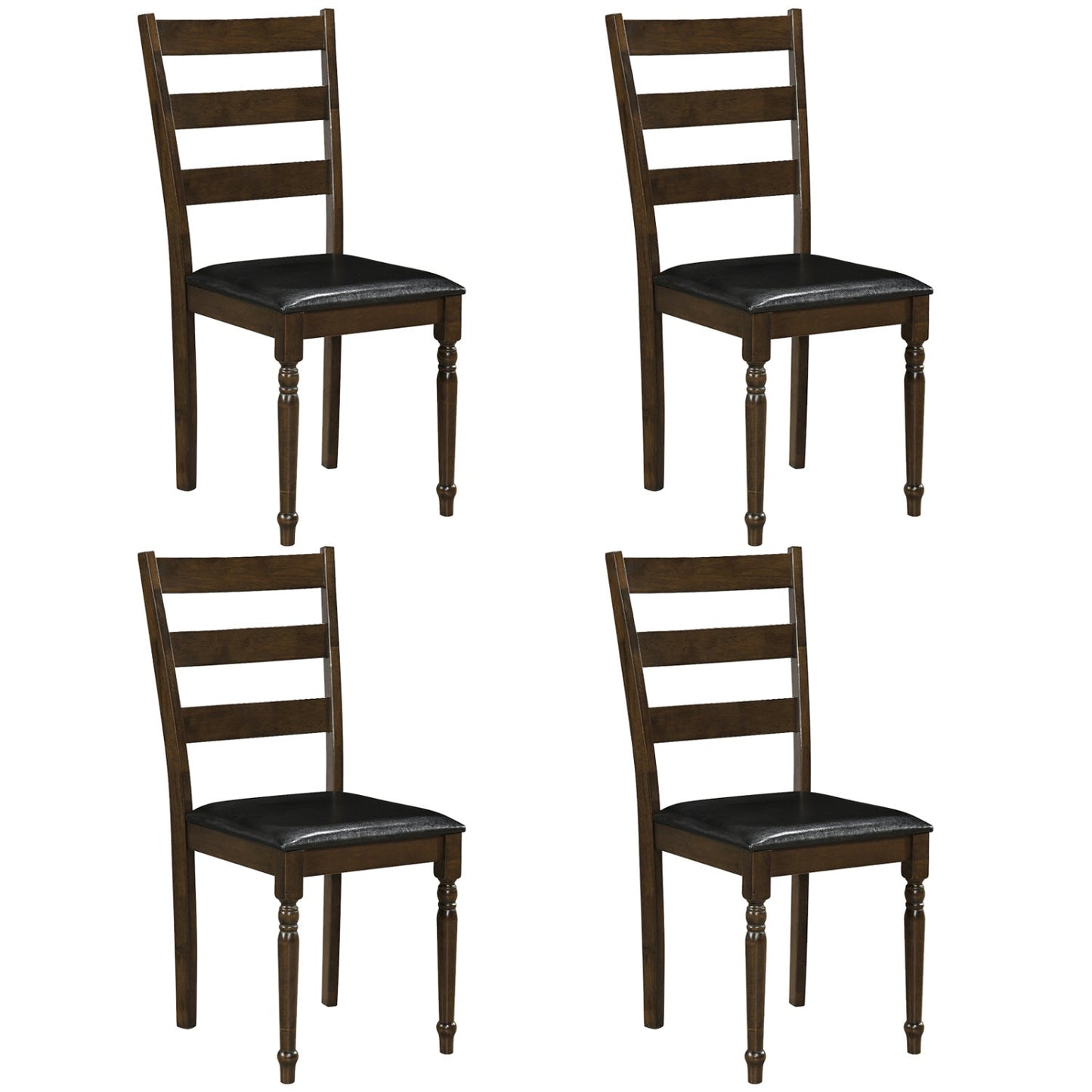Dining chairs set of 4 in dark walnut wood with black PU leather seats and ladder backs on Tampa Home & Garden Store