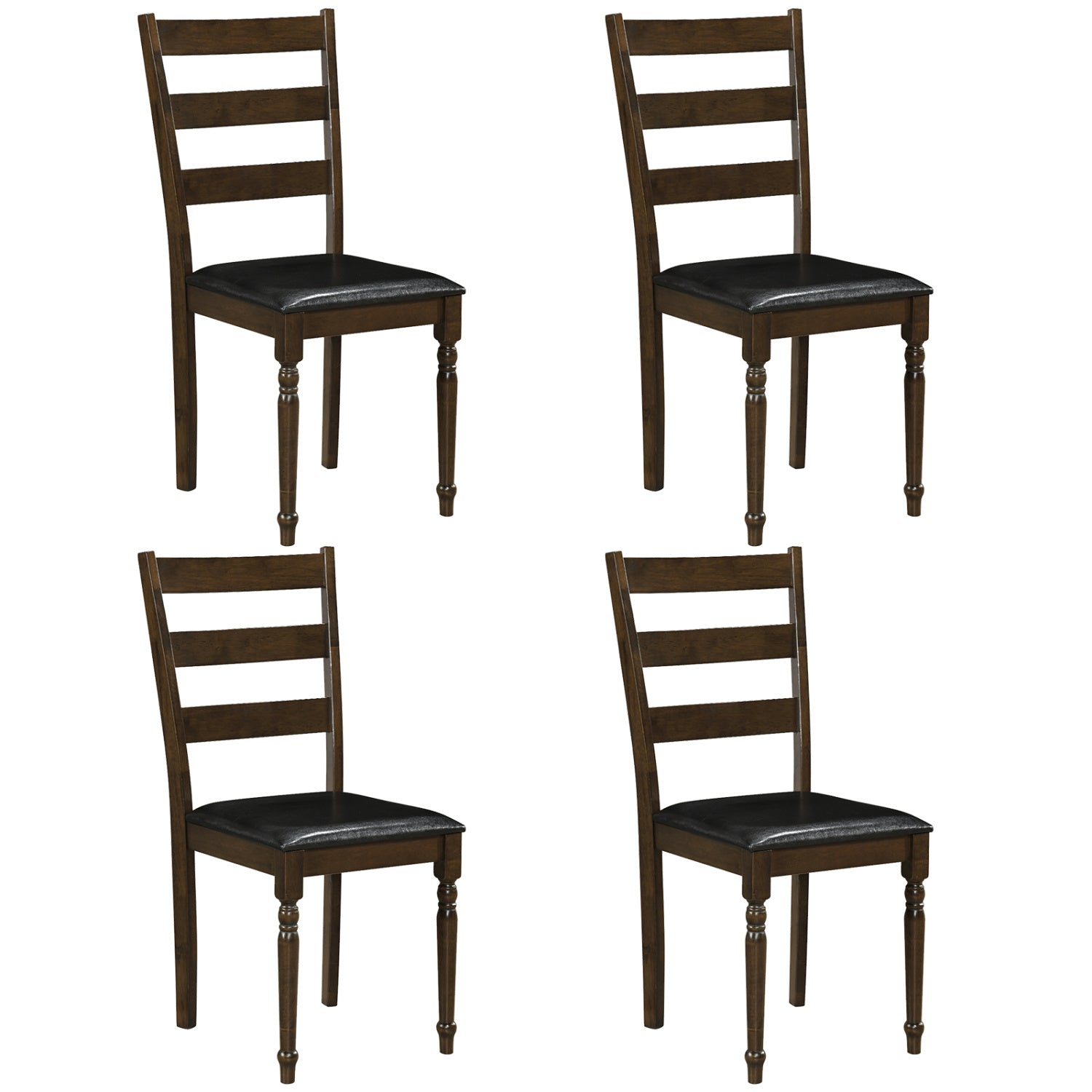 Dining chairs set of 4 in dark walnut wood with black PU leather seats and ladder backs on Tampa Home & Garden Store