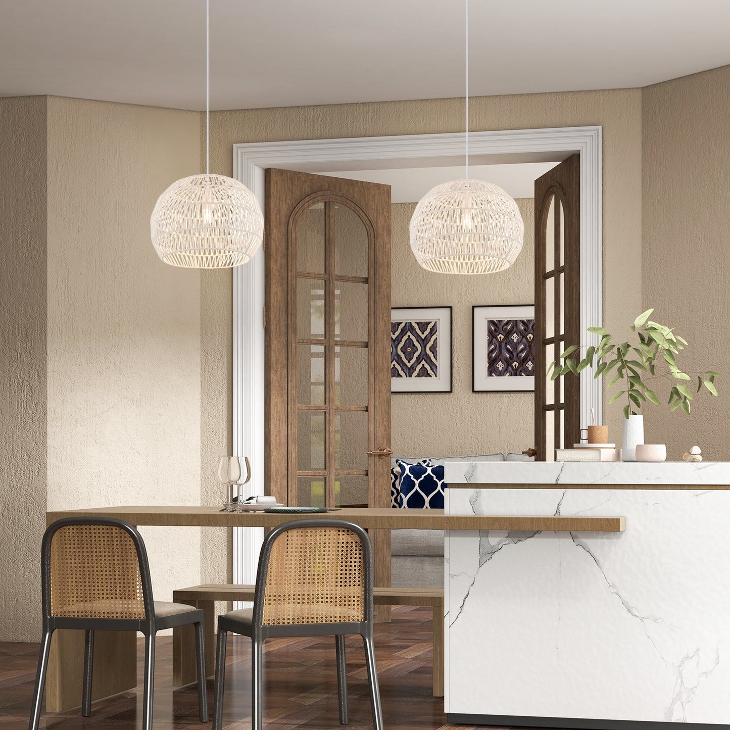 Lámparas Colgantes de Ratán Estilo Casa de Campo Redondas con Cuerda Ajustable - Beige