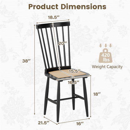 Farmhouse Solid Rubber Wood Dining Chairs Set of 2 with PE Rattan Seats-Black