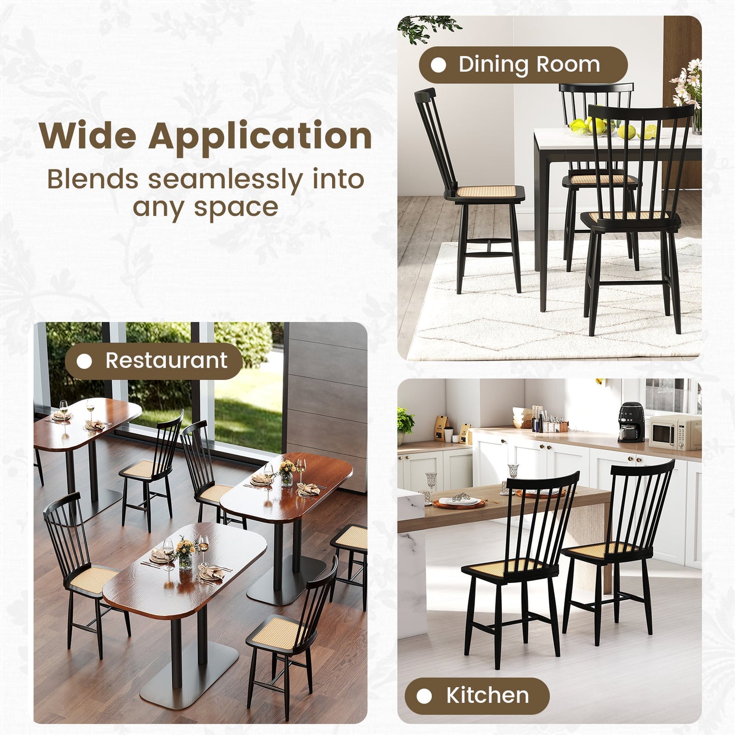 Farmhouse Solid Rubber Wood Dining Chairs Set of 2 with PE Rattan Seats-Black