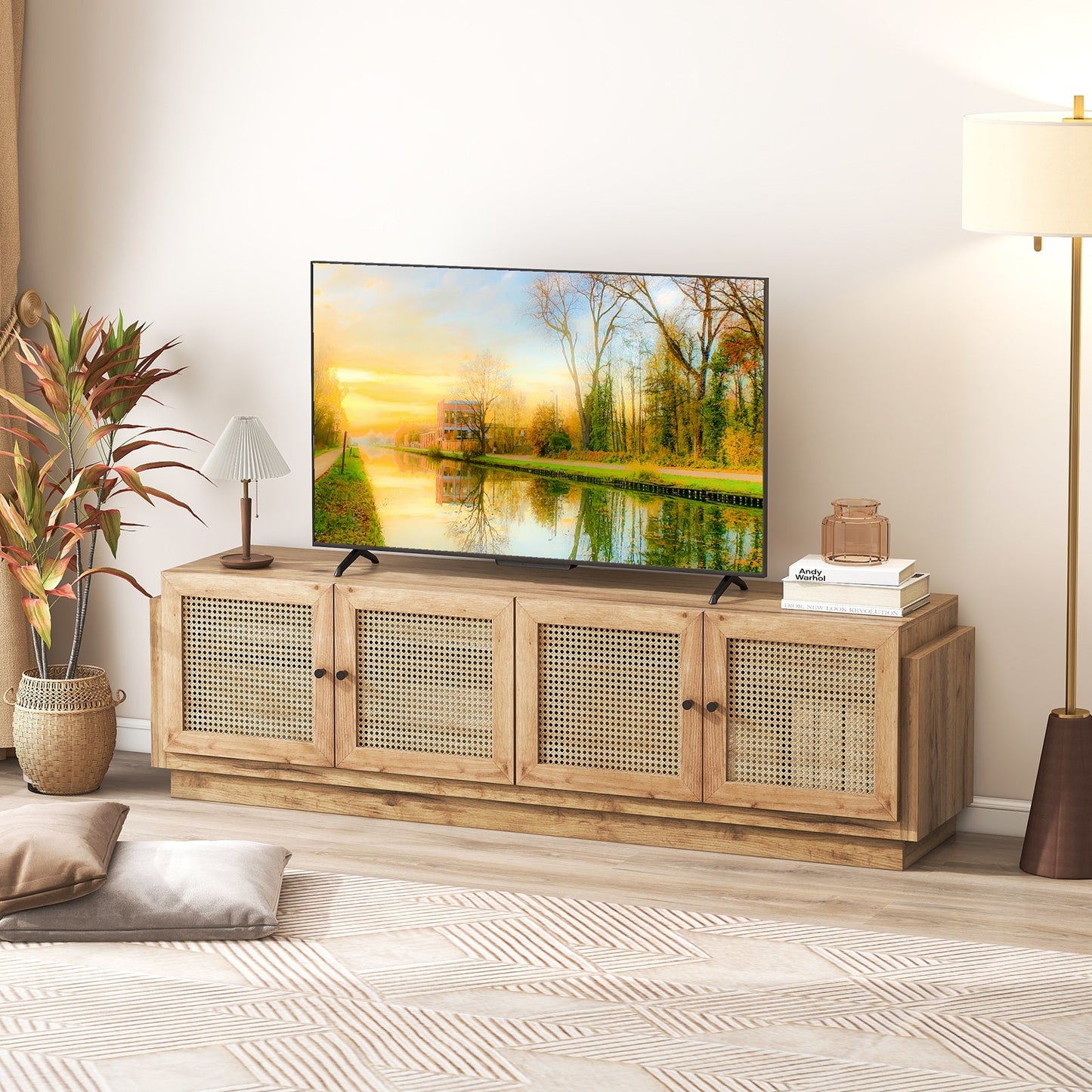 Mueble de TV estilo rústico para televisores de hasta 75 pulgadas con 2 gabinetes - Roble