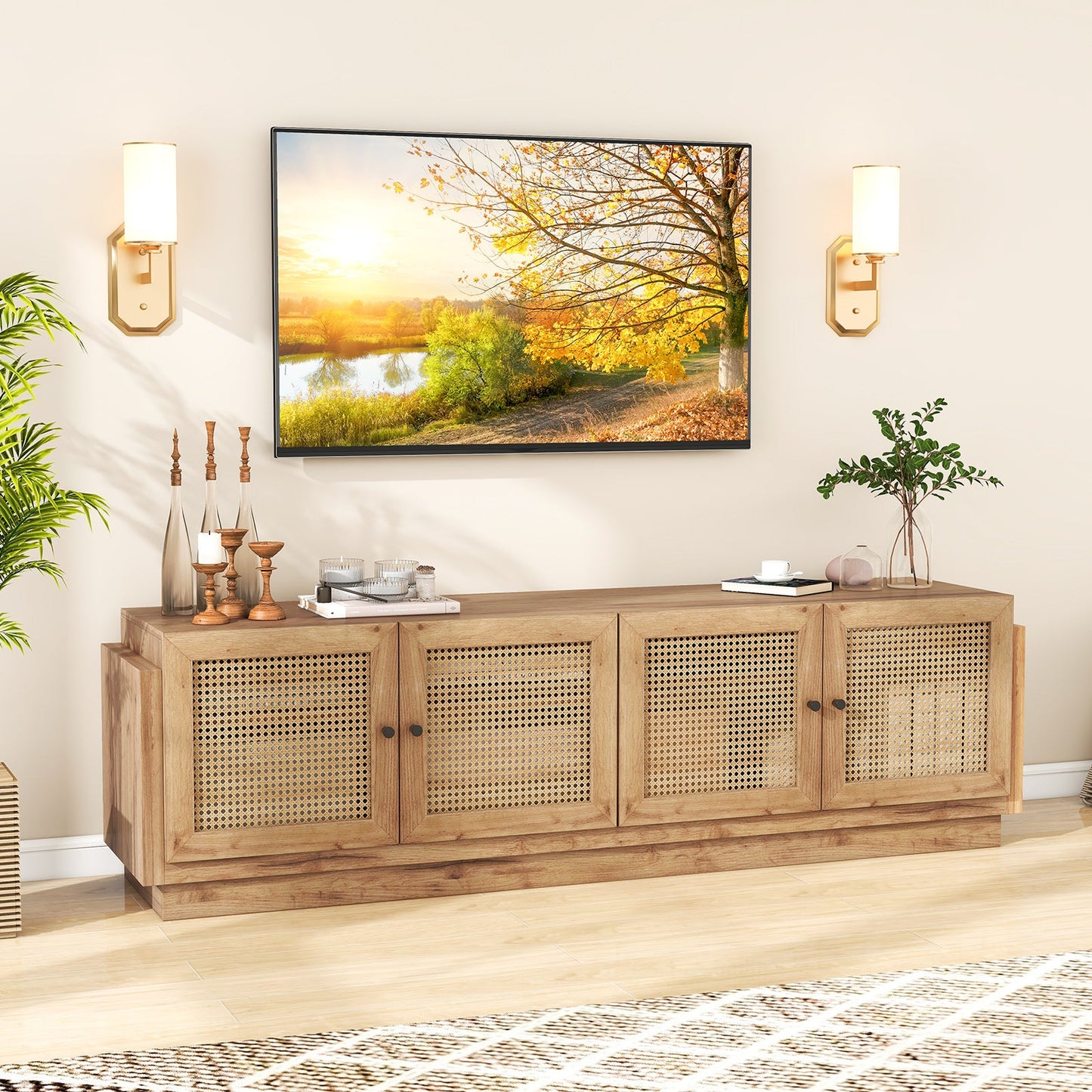 Mueble de TV estilo rústico para televisores de hasta 75 pulgadas con 2 gabinetes - Roble
