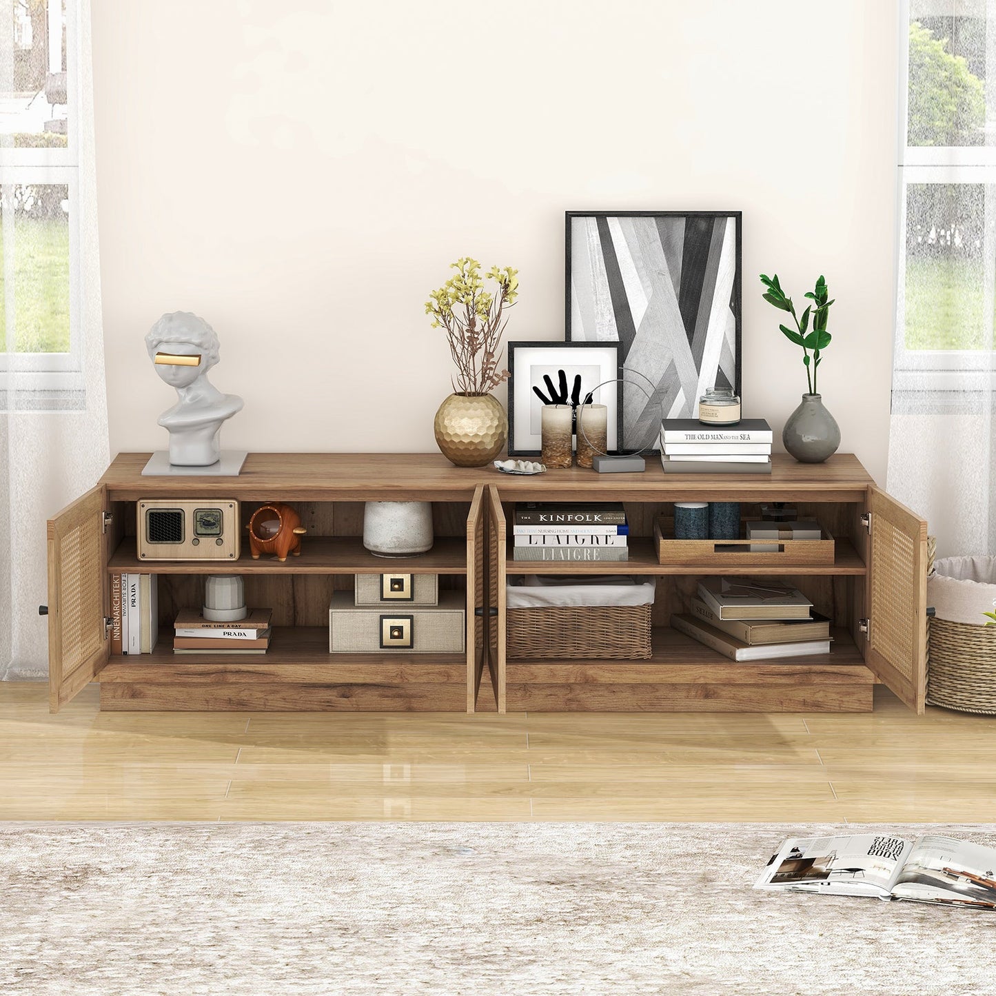 Mueble de TV estilo rústico para televisores de hasta 75 pulgadas con 2 gabinetes - Roble
