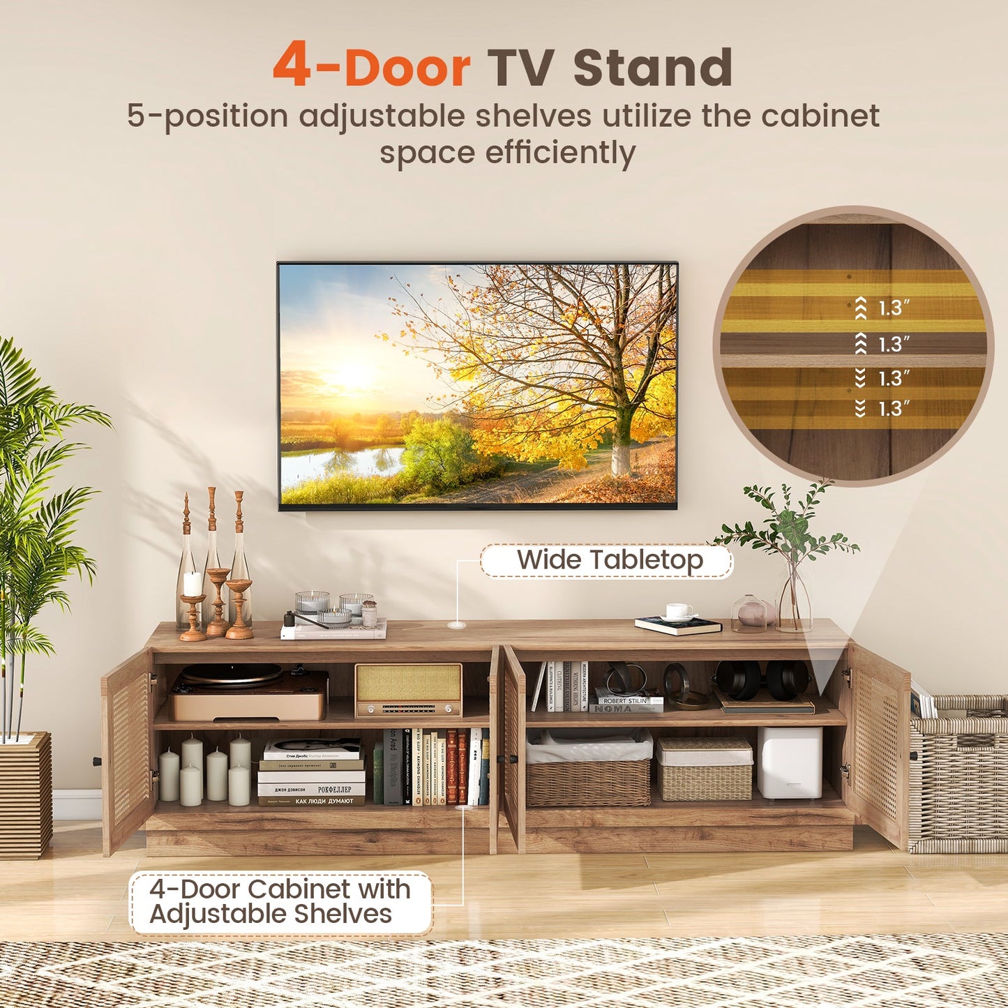 Mueble de TV estilo rústico para televisores de hasta 75 pulgadas con 2 gabinetes - Roble