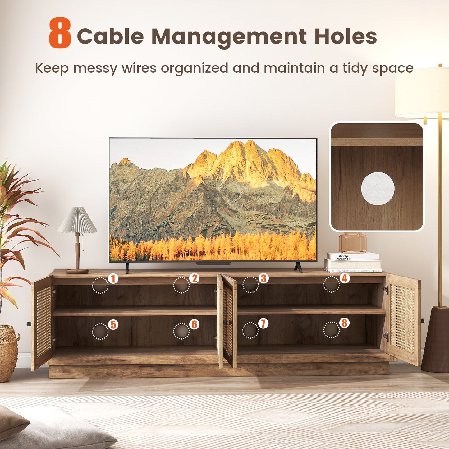 Mueble de TV estilo rústico para televisores de hasta 75 pulgadas con 2 gabinetes - Roble