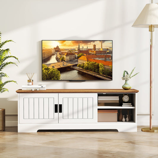 Farmhouse TV Stand for TVs up to 65 Inch with Sliding Doors and Storage Cabinets-White - Tampa Home & Garden Store