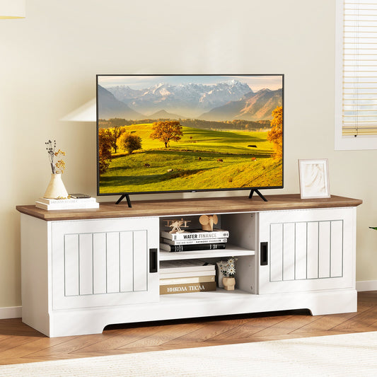 Farmhouse TV Stand for TVs up to 65 Inch with Sliding Doors and Storage Cabinets-White - Tampa Home & Garden Store