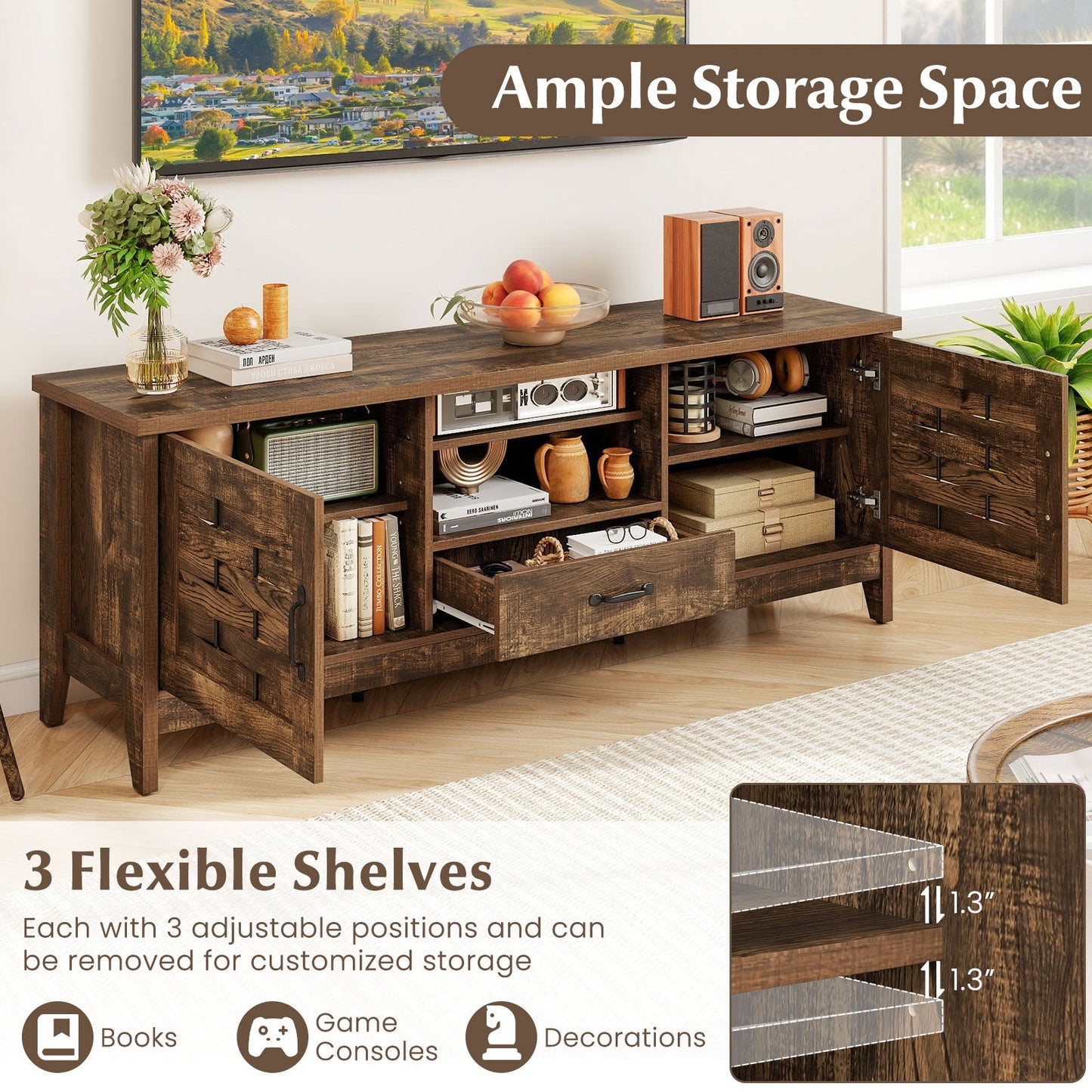 Farmhouse TV Stand for 65 Inch TVs with 2 Woven Accent Doors and 3 Adjustable Shelves