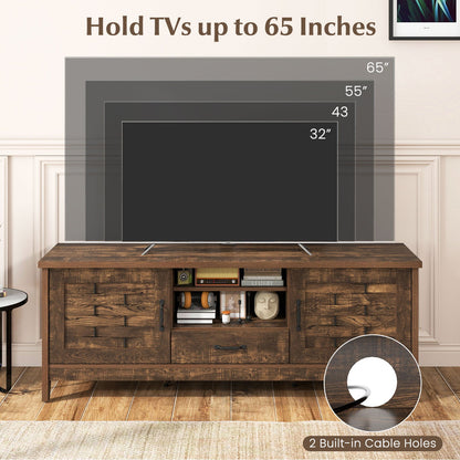Farmhouse TV Stand for 65 Inch TVs with 2 Woven Accent Doors and 3 Adjustable Shelves