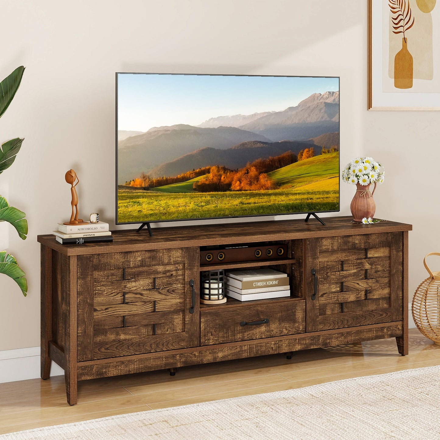 Farmhouse TV Stand for 65 Inch TVs with 2 Woven Accent Doors and 3 Adjustable Shelves
