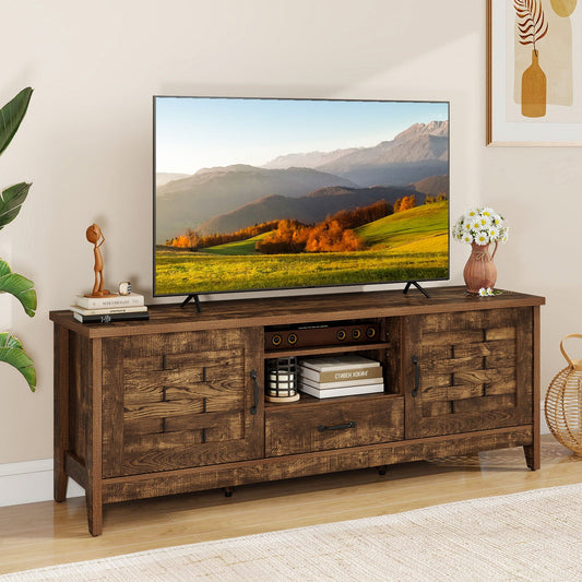 Farmhouse TV Stand for 65 Inch TVs with 2 Woven Accent Doors and 3 Adjustable Shelves - Tampa Home & Garden Store