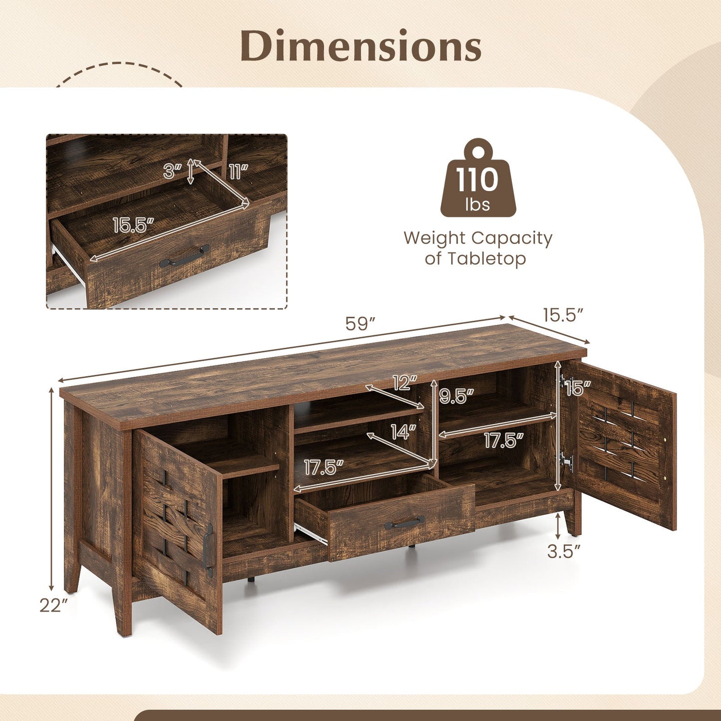 Farmhouse TV Stand for 65 Inch TVs with 2 Woven Accent Doors and 3 Adjustable Shelves