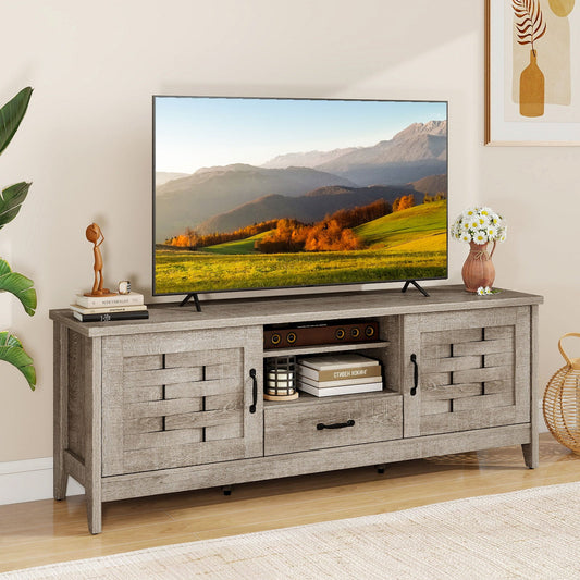 Farmhouse TV Stand for 65 Inch TVs with 2 Woven Accent Doors and 3 Adjustable Shelves - Tampa Home & Garden Store