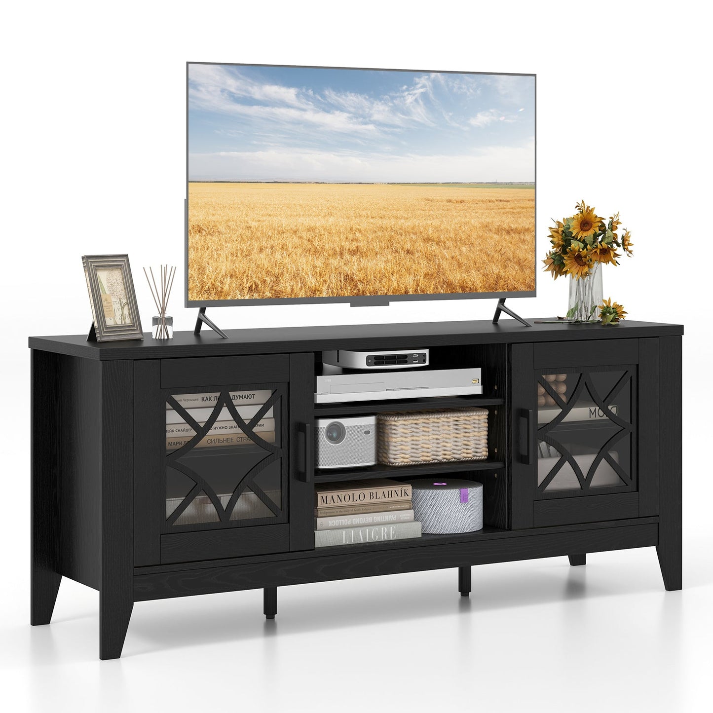 Mueble de TV estilo granja para televisores de hasta 65 pulgadas con 4 estantes ajustables - Negro