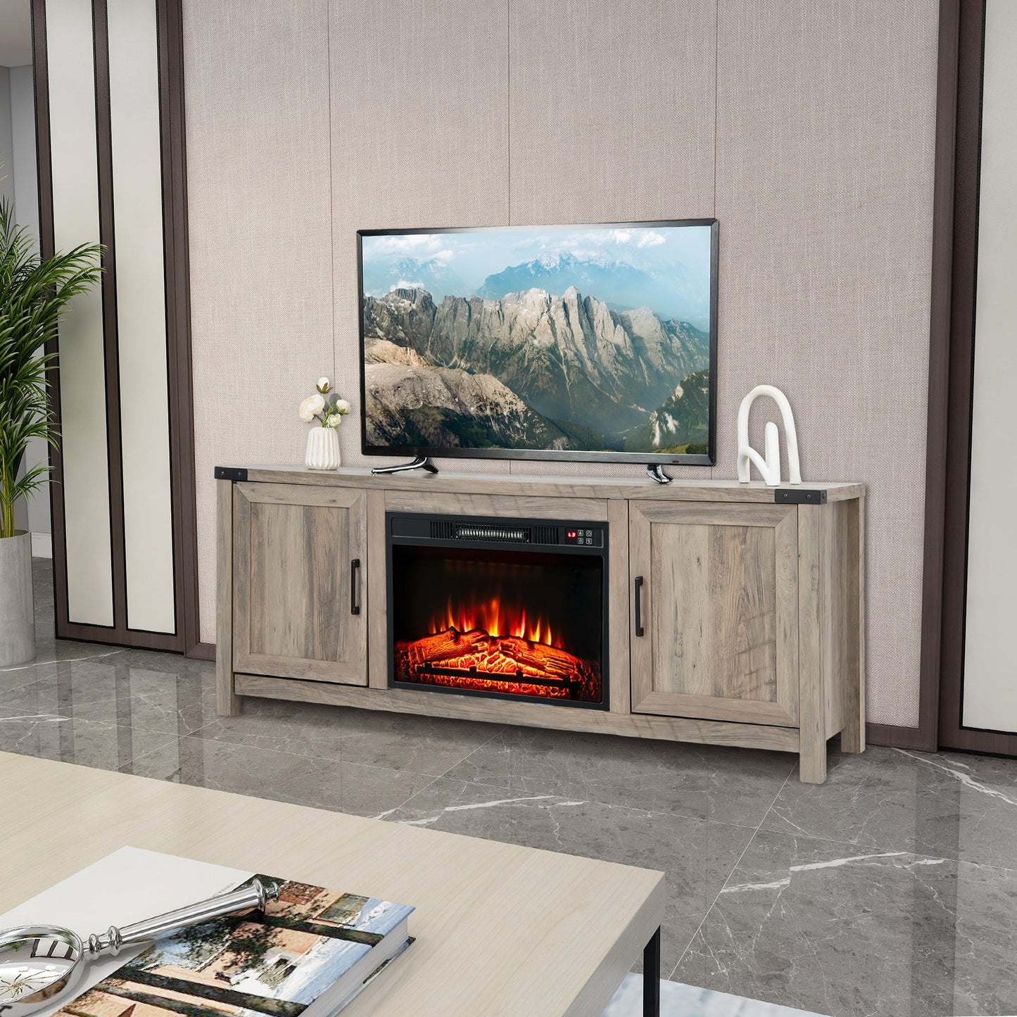 Mueble para TV con chimenea eléctrica y armarios de almacenamiento para televisores de hasta 70 pulgadas - Natural