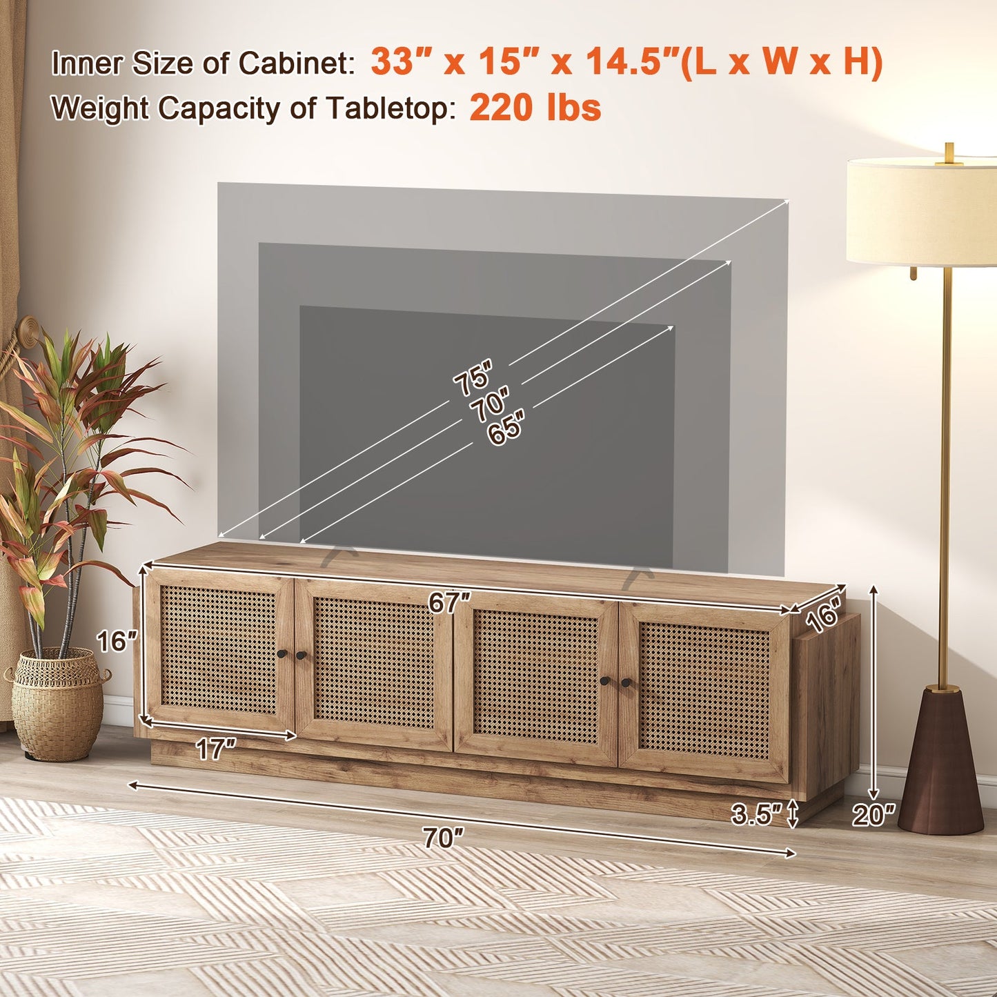 Mueble de TV estilo rústico para televisores de hasta 75 pulgadas con 2 gabinetes - Roble