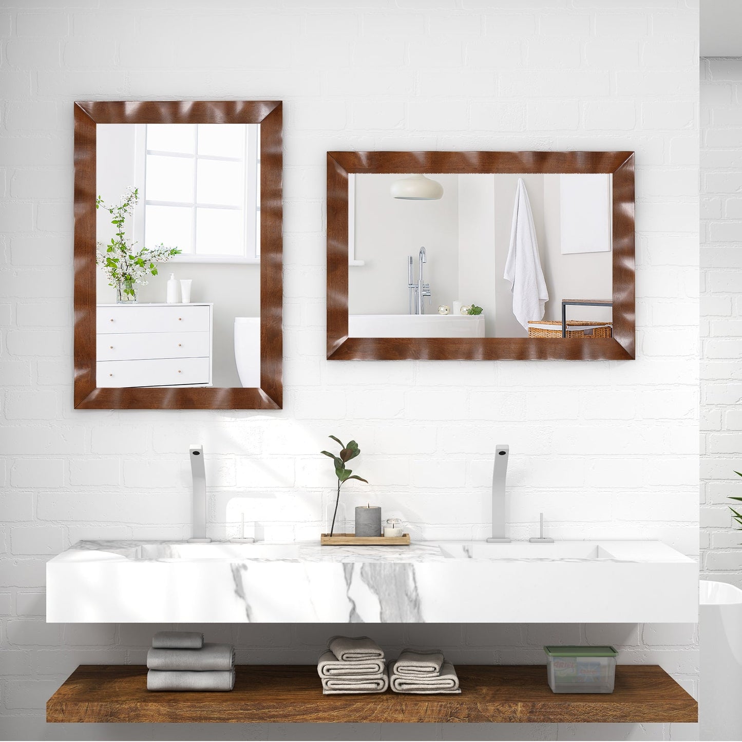 Espejo de pared estilo rústico de 41.5 x 28 pulgadas con marco de madera maciza - Marrón