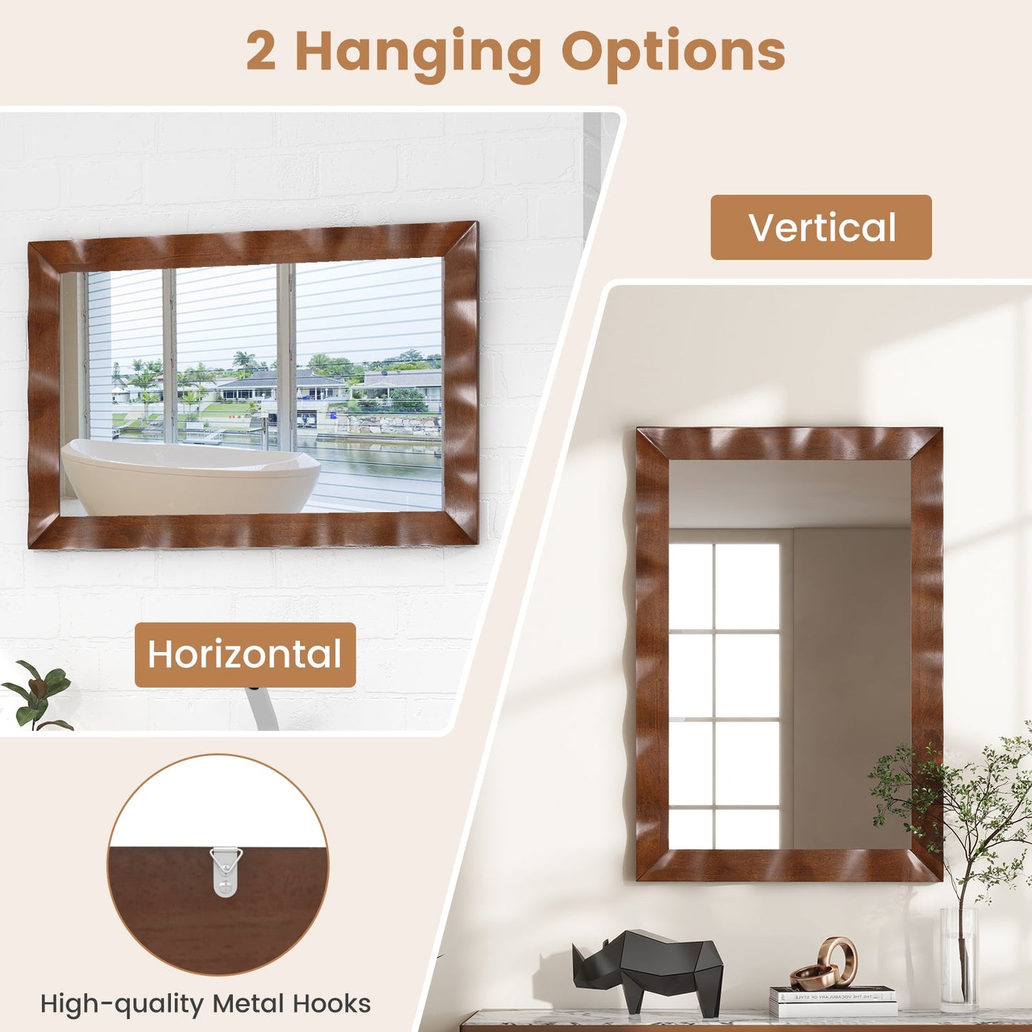 Espejo de pared estilo rústico de 41.5 x 28 pulgadas con marco de madera maciza - Marrón