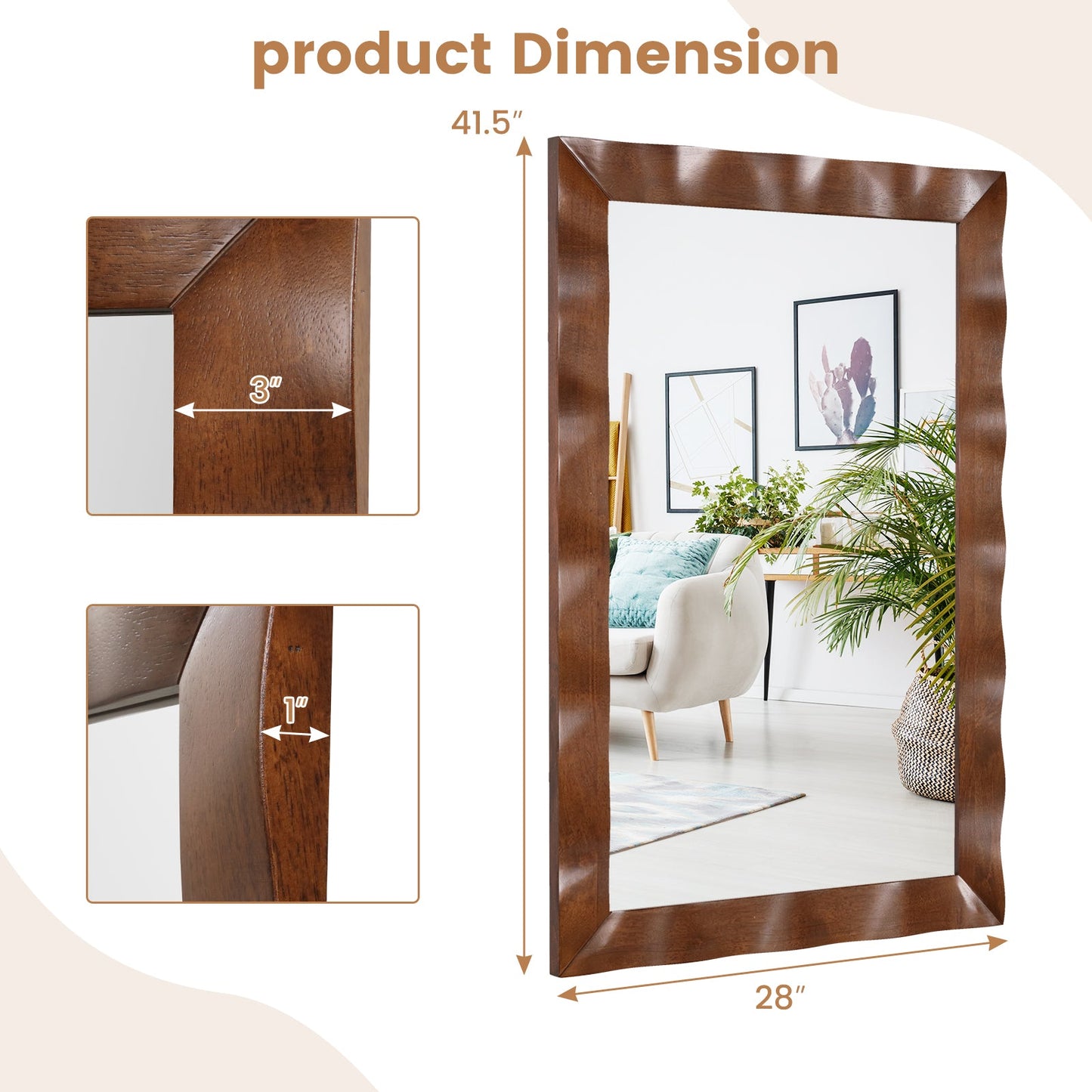 Espejo de pared estilo rústico de 41.5 x 28 pulgadas con marco de madera maciza - Marrón