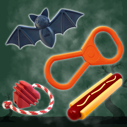 Dog tug toy set by Farm To Pet with a black bat-shaped chew toy and orange handle on Tampa Home & Garden Store