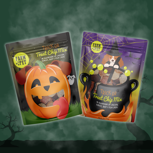 Trick or Treat Chip Mix two dog treat bags orange pumpkin and purple bag Farm To Pet on Tampa Home & Garden Store