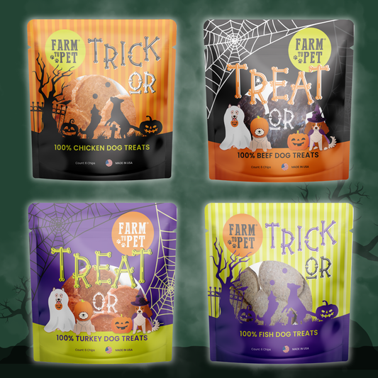 Halloween Dog Treat Snack Pack Bundle from Farm To Pet with 4 flavors: chicken beef turkey fish on Tampa Home & Garden Store