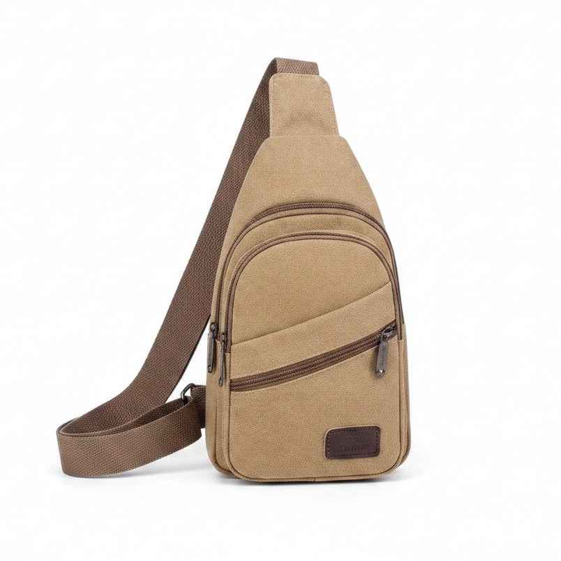 Canvas Sling Bag Shaketea, beige crossbody with brown strap and zip pockets on Tampa Home & Garden Store