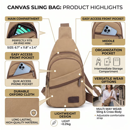Canvas Sling Bag tan lightweight crossbody with front pocket and multiple storage pockets on Tampa Home & Garden Store