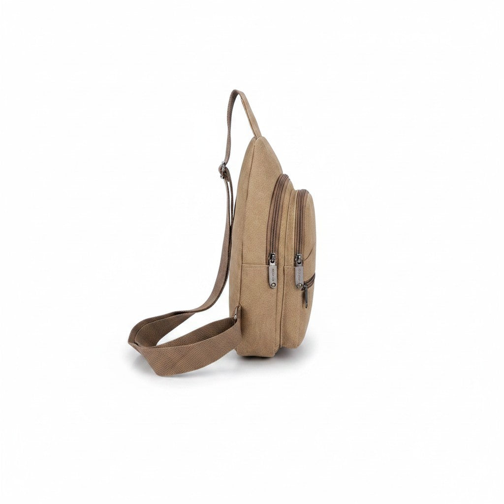 Canvas Sling Bag Shaketea in tan canvas with double zip pockets and adjustable strap on Tampa Home & Garden Store