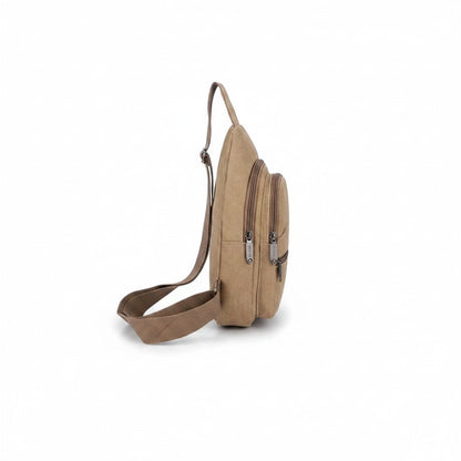 Canvas Sling Bag Shaketea in tan canvas with double zip pockets and adjustable strap on Tampa Home & Garden Store
