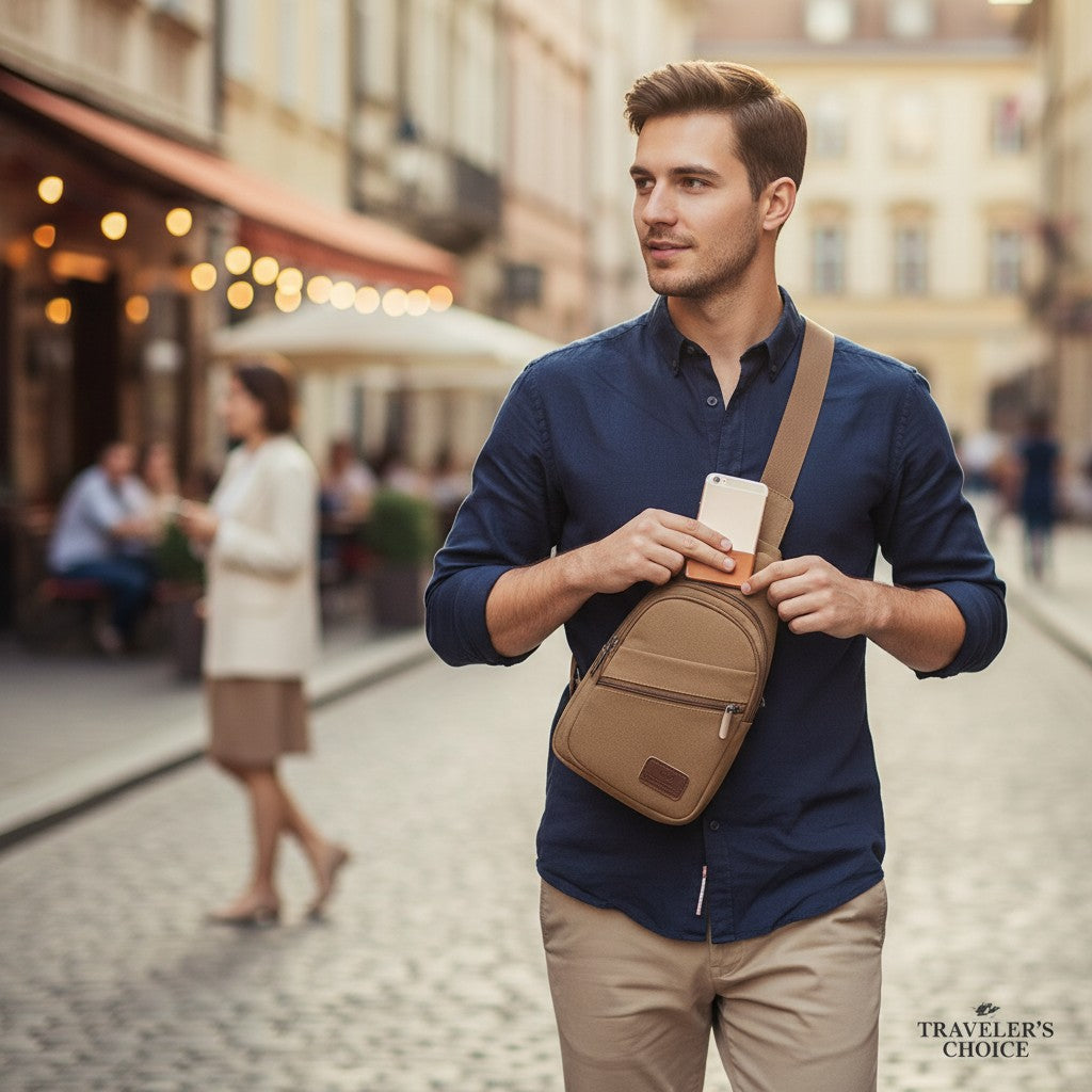 Canvas Sling Bag tan crossbody with front zip pocket and logo patch on Tampa Home & Garden Store