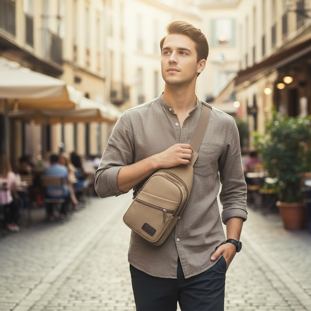 Shaketea canvas sling bag tan crossbody with zip pockets worn by man in urban street on Tampa Home & Garden Store