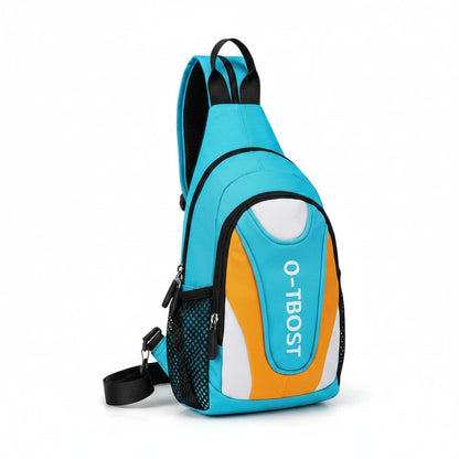Women crossbody sling bag turquoise blue with orange panel, O-TBOST logo, mesh side pocket on Tampa Home & Garden Store