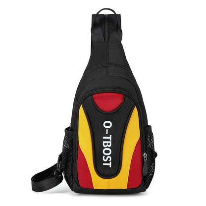 Women crossbody sling bag with black body and red-yellow front, bold vertical O-TBOST logo on Tampa Home & Garden Store