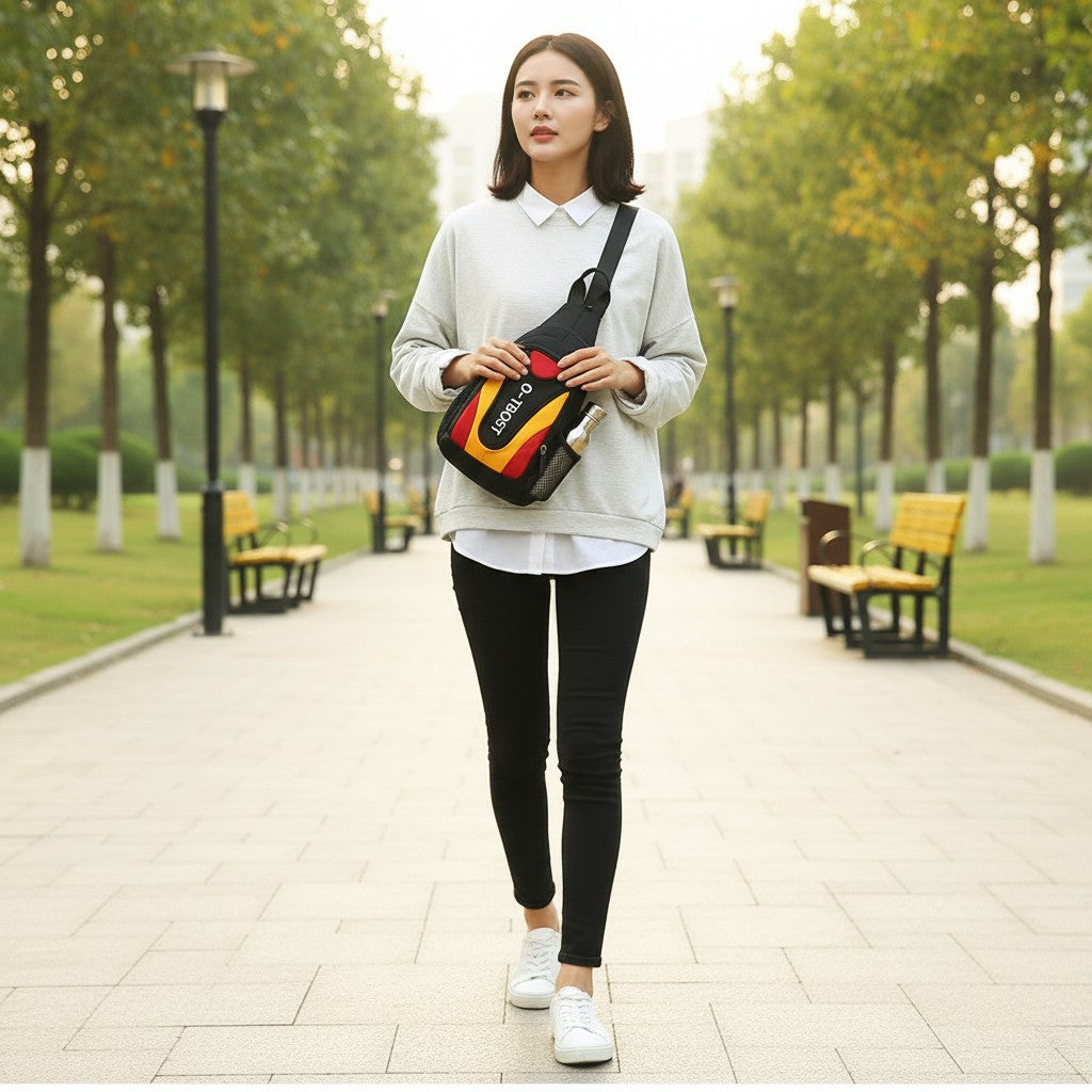 Shaketea Women Crossbody Sling Bag sport chest pack with red, yellow, black panel on Tampa Home & Garden Store