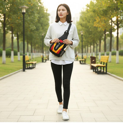 Shaketea Women Crossbody Sling Bag sport chest pack with red, yellow, black panel on Tampa Home & Garden Store