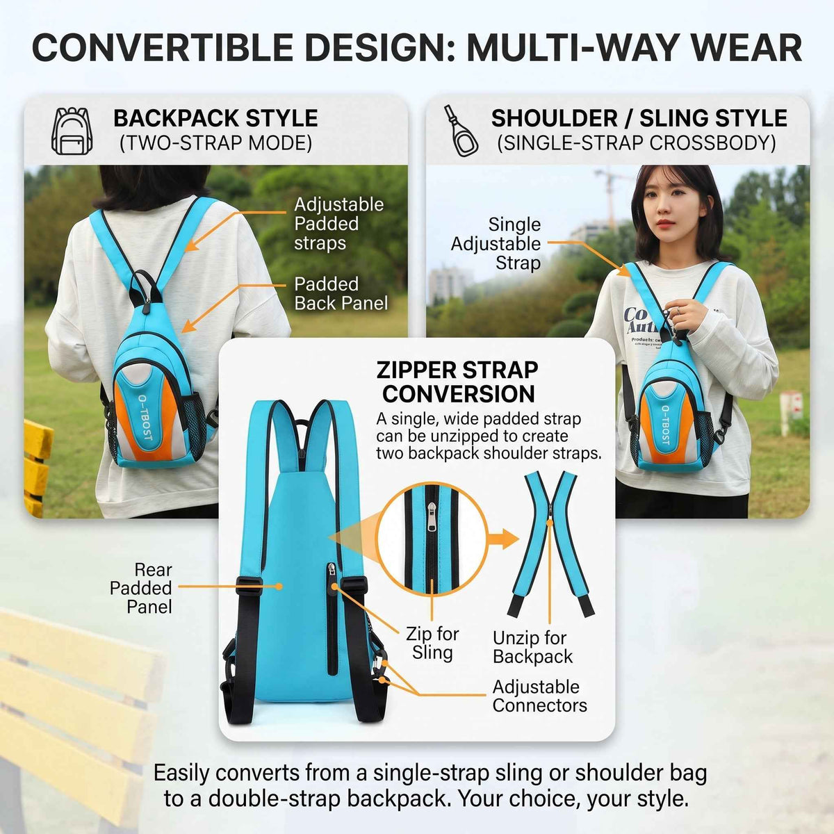 Women crossbody sling bag in turquoise blue with black straps, convertible two-strap design on Tampa Home & Garden Store