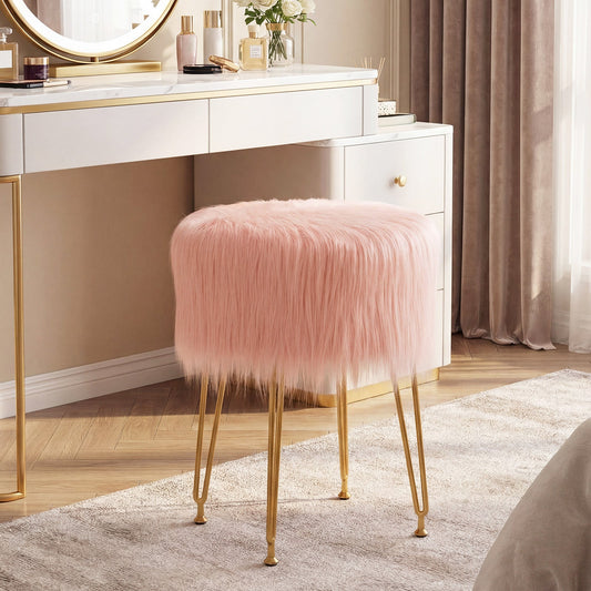 Faux Fur Vanity Stool Chair with Metal Legs for Bedroom and Living Room - Tampa Home & Garden Store